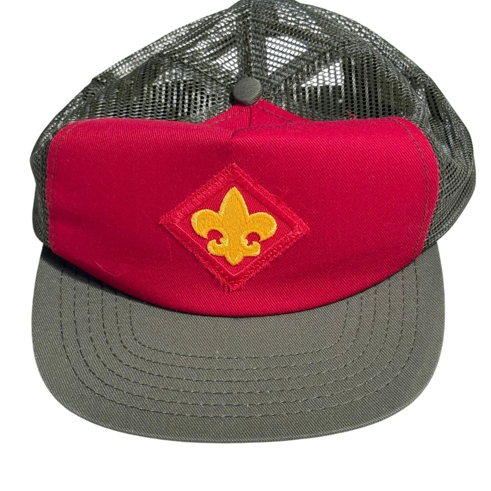 Boy Scouts of America BSA Trucker Hat Red Olive Green Mesh Snapback Fleur-De-Lis